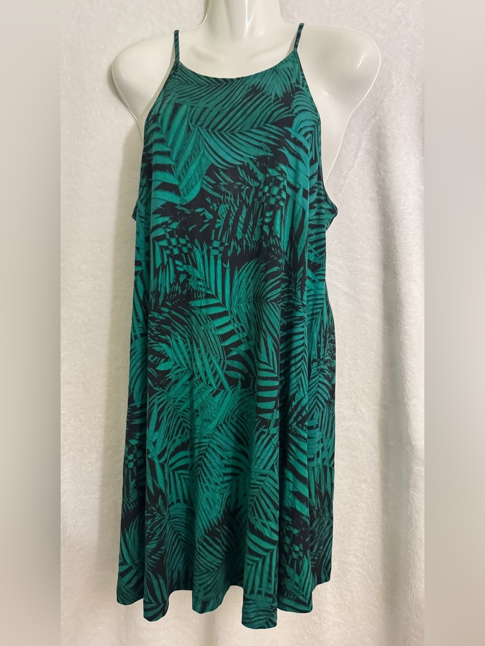 Emerald Green Tropical Print Midi Halter Dress